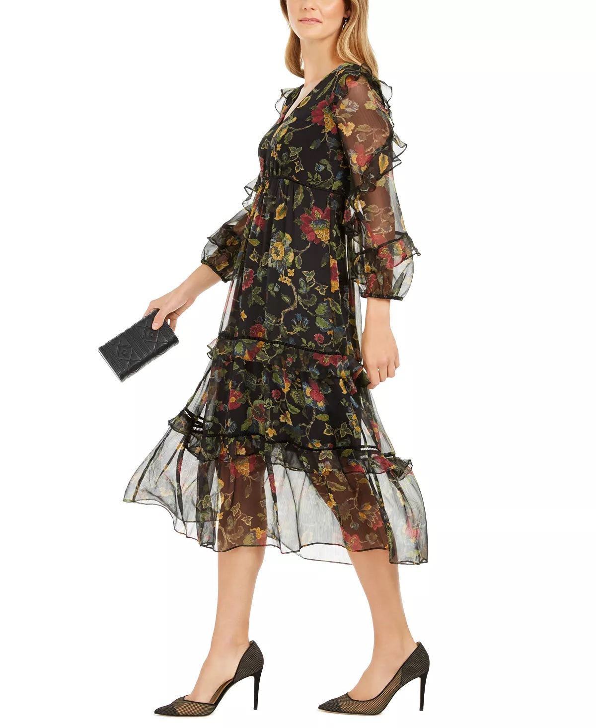 Vestido midi de chiffon com estampa floral Taylor feminino, preto, tamanho 6