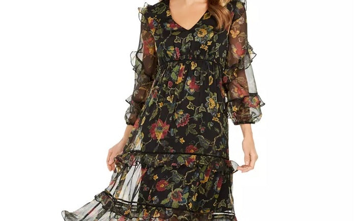 Vestido midi de chiffon com estampa floral Taylor feminino, preto, tamanho 6