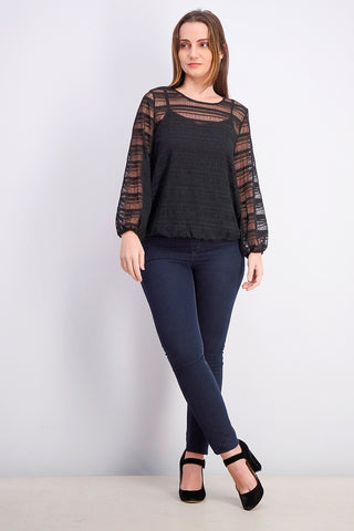 Blusa feminina Alfani Petite Sheer-Stripe com manga balão, preta, tamanho PL