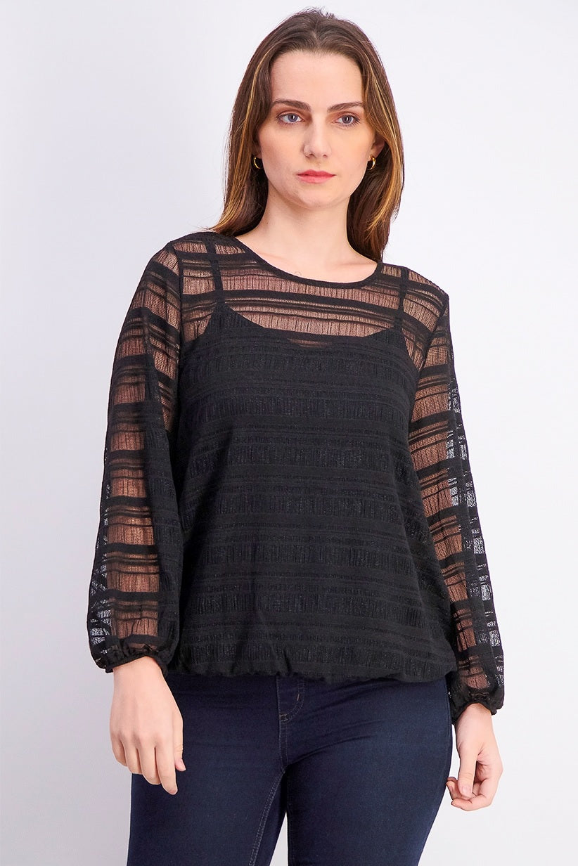 Blusa feminina Alfani Petite Sheer-Stripe com manga balão, preta, tamanho PL