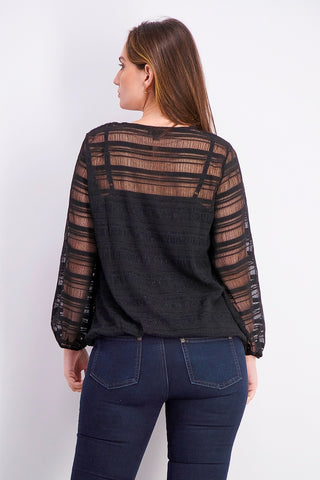 Blusa feminina Alfani Petite Sheer-Stripe com manga balão, preta, tamanho PL