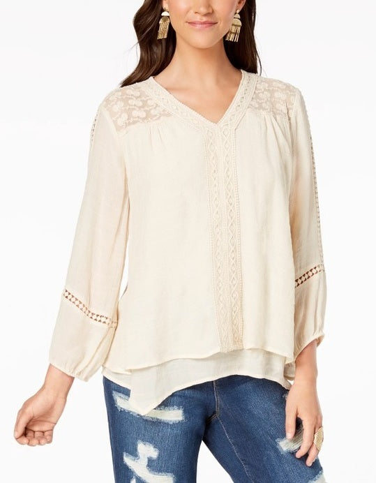 Top feminino estilo &amp; co com bainha e lenço de renda, branco, tamanho extrapequeno