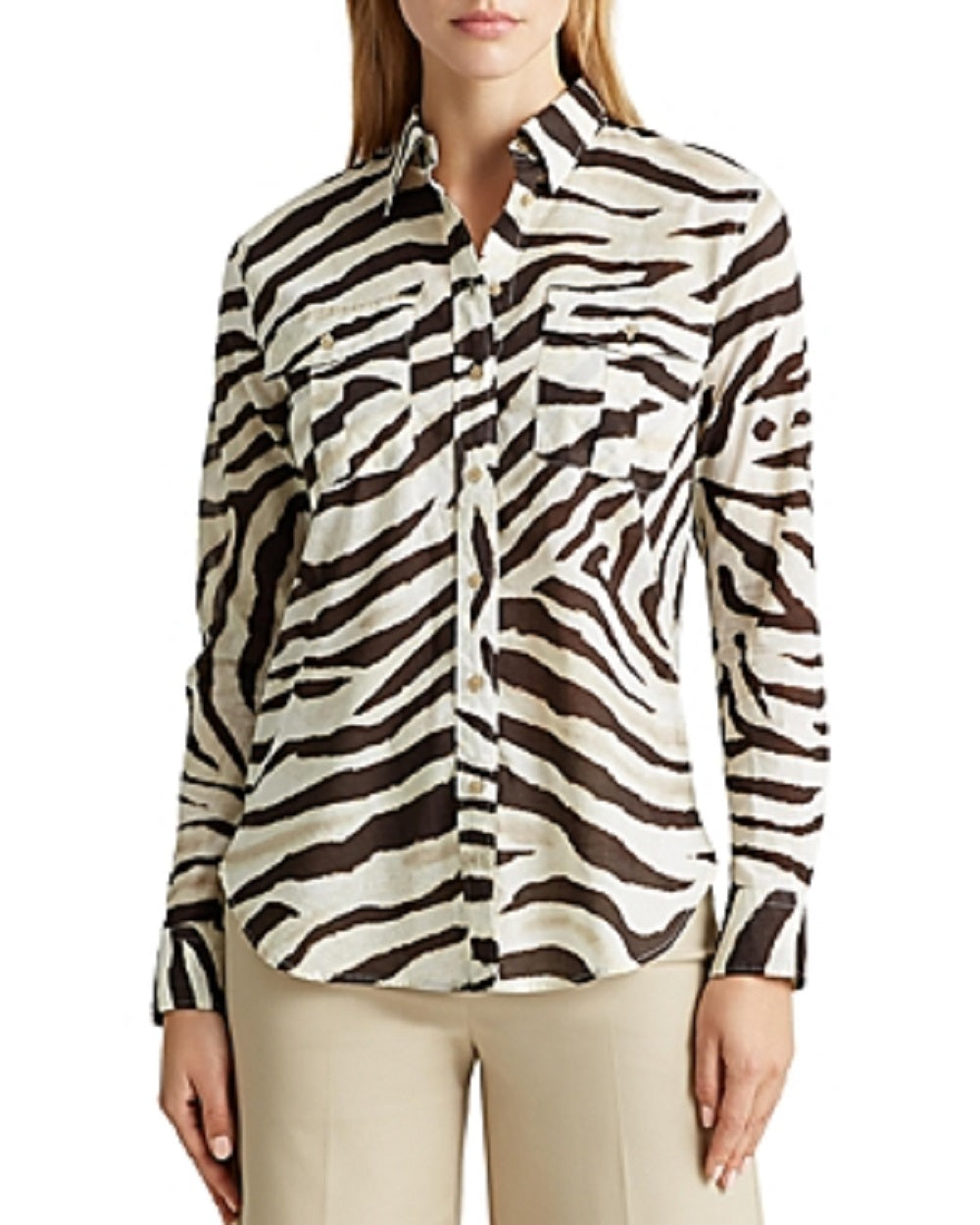 Blusa Ralph Lauren Feminina Estampa Animal Manga Longa Gola Botões Bege/Marrom Tamanho Médio