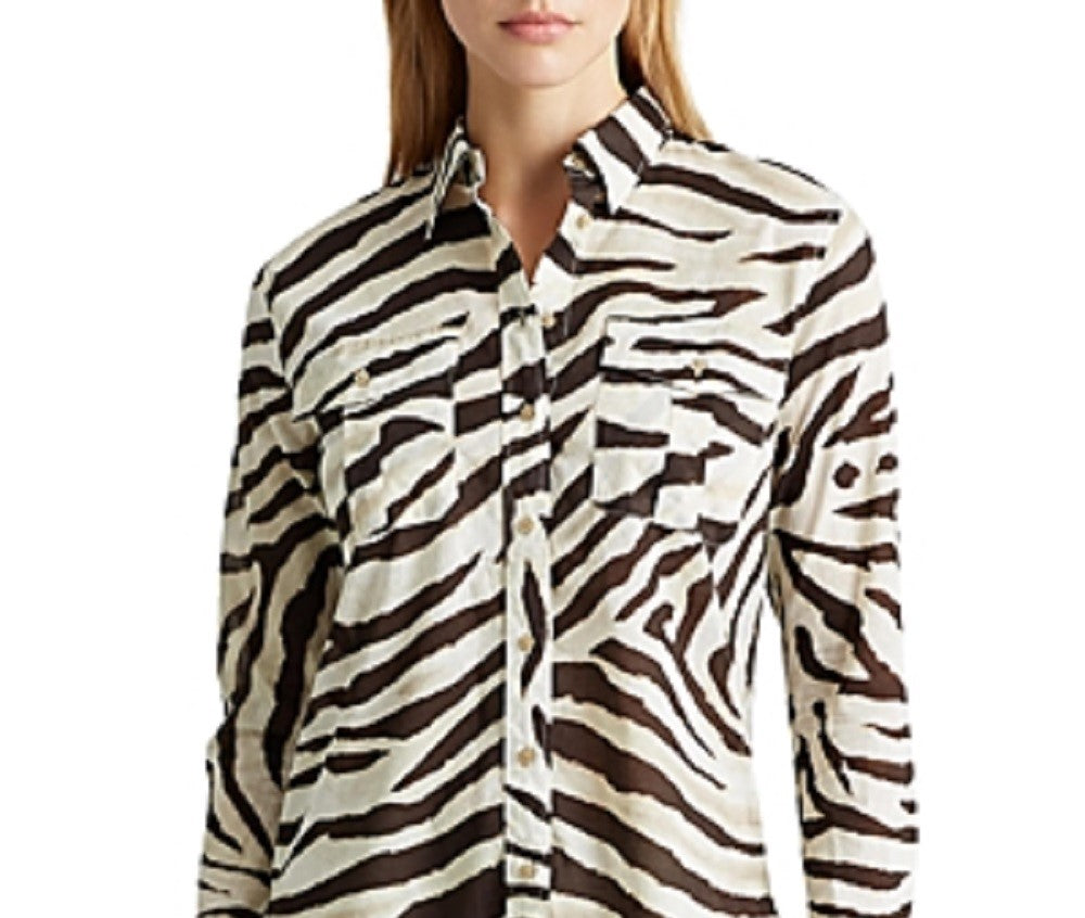 Blusa Ralph Lauren Feminina Estampa Animal Manga Longa Gola Botões Bege/Marrom Tamanho Médio