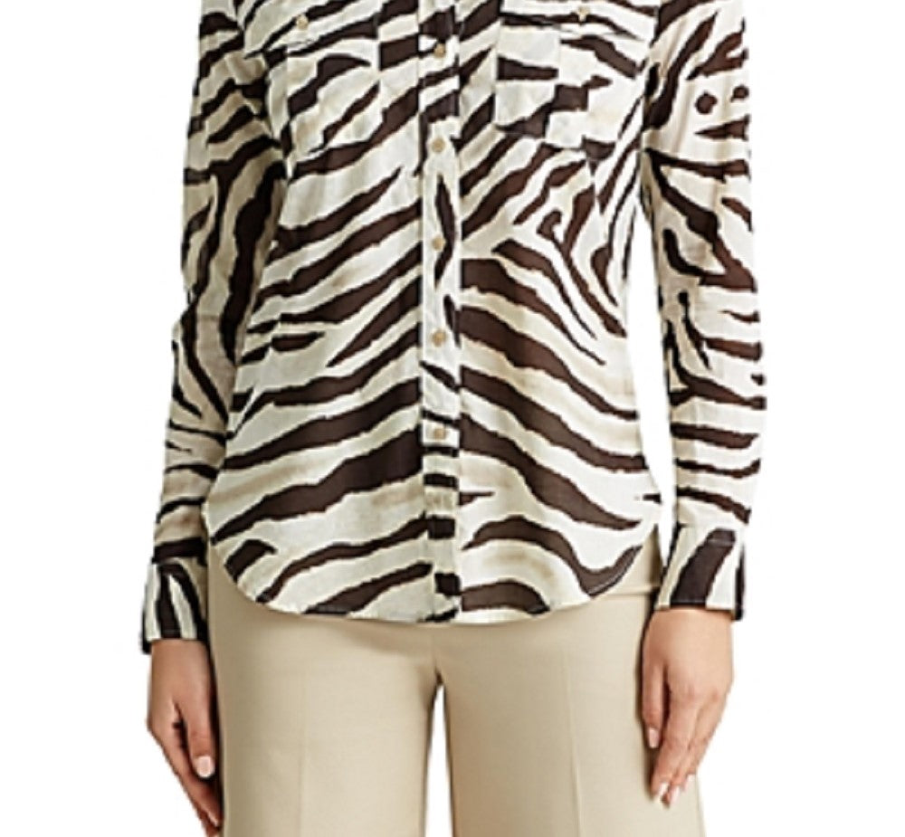 Blusa Ralph Lauren Feminina Estampa Animal Manga Longa Gola Botões Bege/Marrom Tamanho Médio