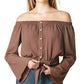 Blusa feminina estilo &amp; co, ombro de fora, manga sino, marrom, tamanho extragrande