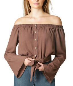 Blusa feminina estilo &amp; co, ombro de fora, manga sino, marrom, tamanho extragrande