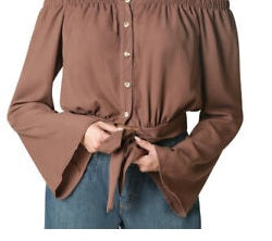 Blusa feminina estilo &amp; co, ombro de fora, manga sino, marrom, tamanho extragrande