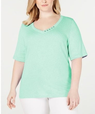 Karen Scott Blusa Feminina Gola V com Detalhe de Botão Aqua Water Tamanho Médio