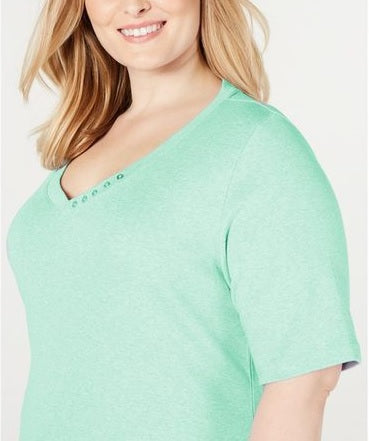 Karen Scott Blusa Feminina Gola V com Detalhe de Botão Aqua Water Tamanho Médio