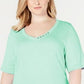 Karen Scott Blusa Feminina Gola V com Detalhe de Botão Aqua Water Tamanho Médio