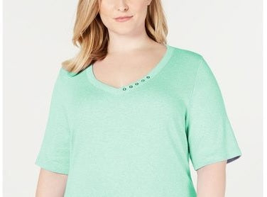 Karen Scott Blusa Feminina Gola V com Detalhe de Botão Aqua Water Tamanho Médio
