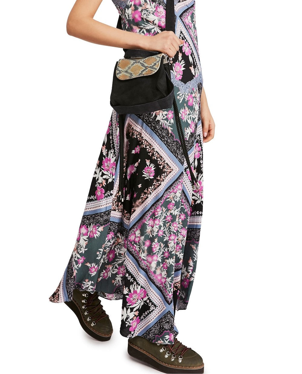 Vestido longo feminino com estampa Stevie da Free People, preto, tamanho pequeno