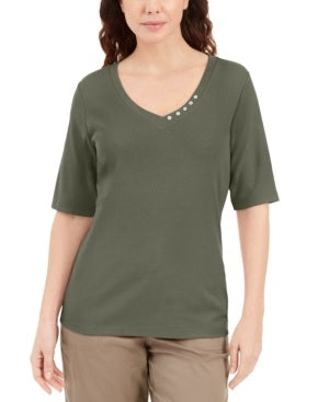 Blusa feminina Karen Scott com decote em V e detalhes em botões, verde, tamanho médio