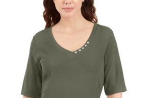 Blusa feminina Karen Scott com decote em V e detalhes em botões, verde, tamanho médio