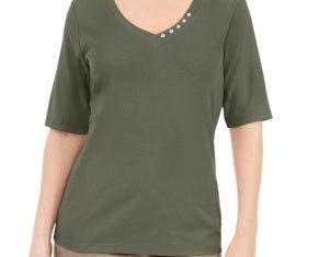 Blusa feminina Karen Scott com decote em V e detalhes em botões, verde, tamanho médio