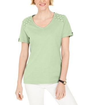 Karen Scott Blusa Feminina com Ombros Abertos e Decote em V, Verde, Tamanho XS
