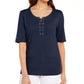 Karen Scott Blusa feminina de algodão com cadarço e mangas curtas, azul, tamanho pequeno
