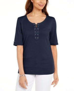 Karen Scott Blusa feminina de algodão com cadarço e mangas curtas, azul, tamanho pequeno
