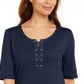 Karen Scott Blusa feminina de algodão com cadarço e mangas curtas, azul, tamanho pequeno