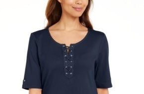 Karen Scott Blusa feminina de algodão com cadarço e mangas curtas, azul, tamanho pequeno