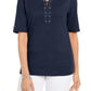 Karen Scott Blusa feminina de algodão com cadarço e mangas curtas, azul, tamanho pequeno