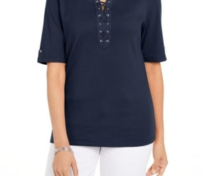 Karen Scott Blusa feminina de algodão com cadarço e mangas curtas, azul, tamanho pequeno