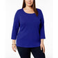 Karen Scott Blusa feminina plus size de algodão com decote redondo, azul, tamanho 0X