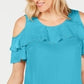 JM Collection Blusa feminina com babados e ombros de fora, azul, tamanho XX-G