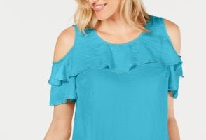 JM Collection Blusa feminina com babados e ombros de fora, azul, tamanho XX-G
