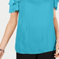 JM Collection Blusa feminina com babados e ombros de fora, azul, tamanho XX-G