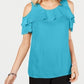 JM Collection Blusa feminina com babados e ombros de fora, azul, tamanho XX-G