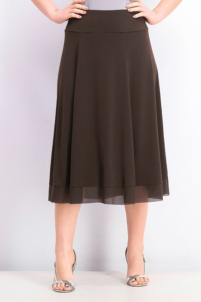 Saia feminina linha A com bainha de malha pequena JM Collection, marrom expresso, tamanho P