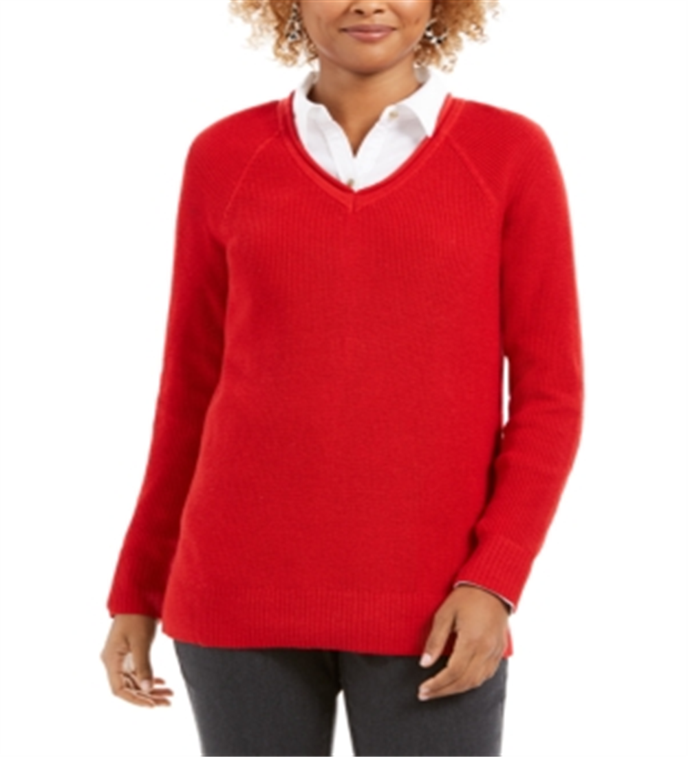 Camiseta feminina lisa de manga comprida com decote em V, tamanho X-G, vermelha, Charter Club