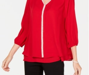 Blusa feminina com bainha em camadas e joias da coleção JM, vermelha, tamanho médio