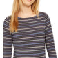 Blusa feminina Anne Klein listrada, manga comprida, gola alta, azul, tamanho X-S