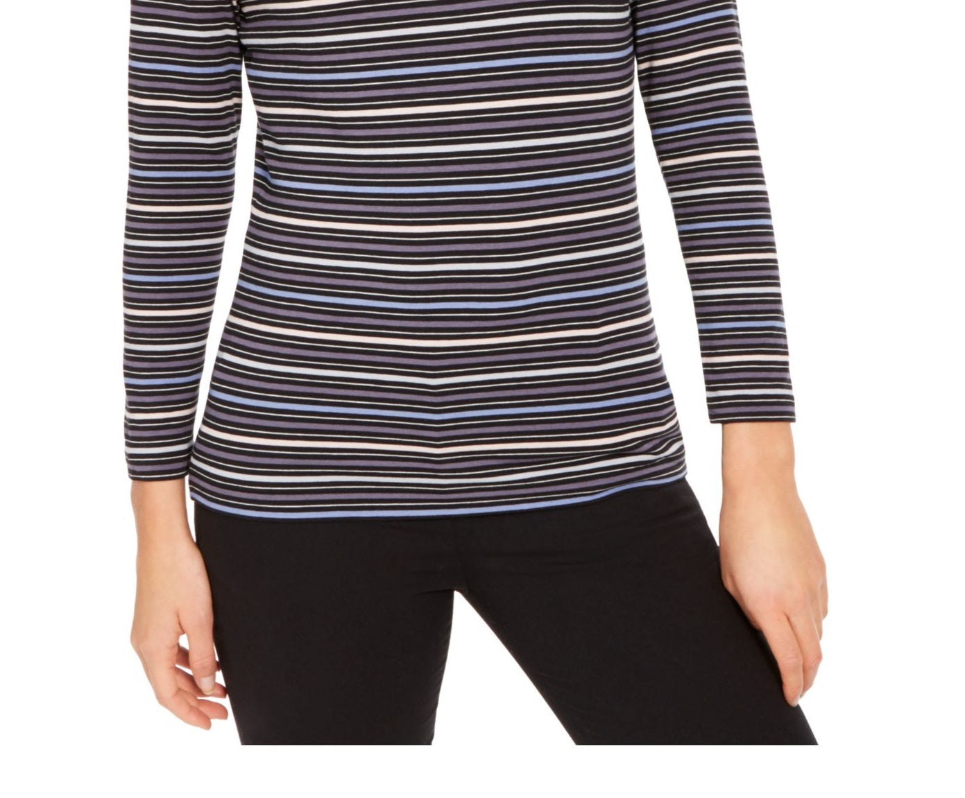 Blusa feminina Anne Klein listrada, manga comprida, gola alta, azul, tamanho X-S