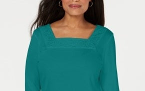 Blusa feminina Karen Scott de crochê com gola quadrada, verde, tamanho X-S