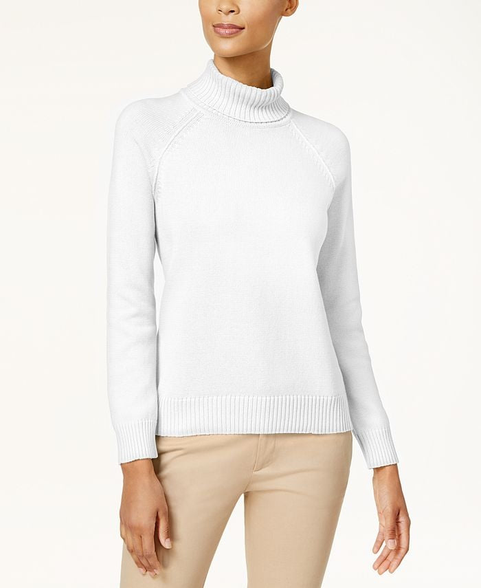 Karen Scott Blusa Feminina Petite de Malha Canelada de Algodão com Gola Alta Branca Tamanho P