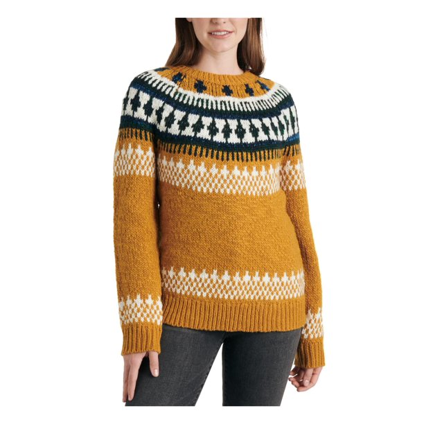 Suéter feminino Lucky Brand de lã mista Fair Isle com gola redonda, amarelo, tamanho grande