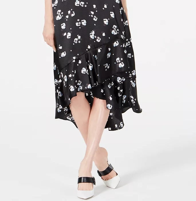 Saia midi com babados e estampa floral Alfani feminina, preta, tamanho 6