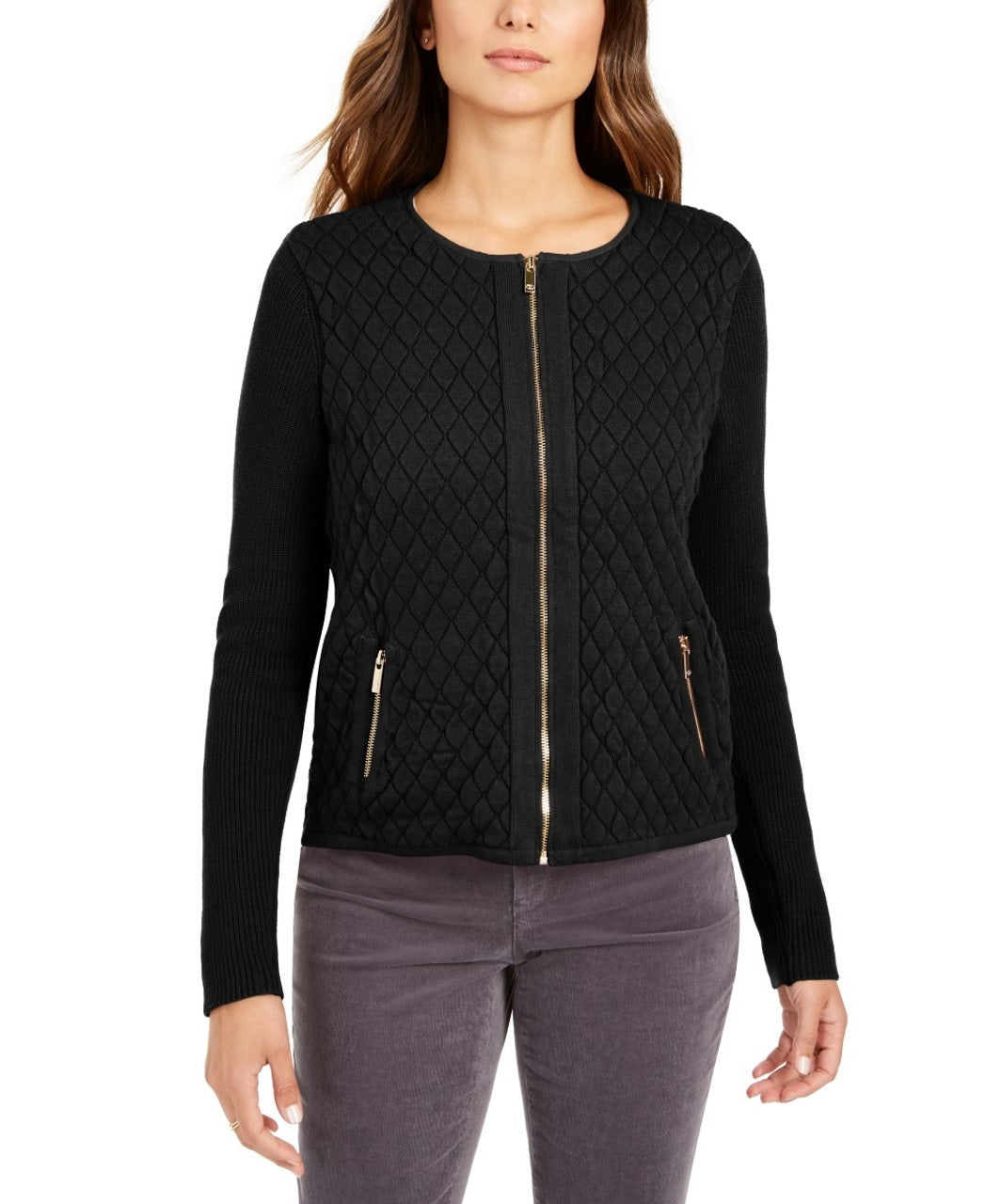 Suéter acolchoado feminino Charter Club Petite com zíper frontal, preto, tamanho PL