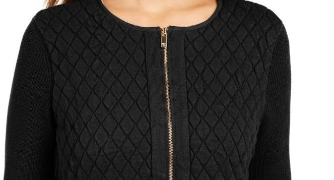 Suéter acolchoado feminino Charter Club Petite com zíper frontal, preto, tamanho PL