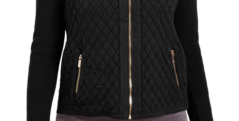 Suéter acolchoado feminino Charter Club Petite com zíper frontal, preto, tamanho PL
