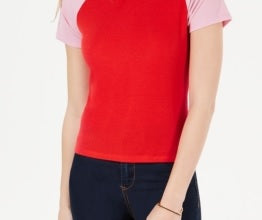 Camiseta de beisebol em malha canelada com blocos de cores Hippie Rose Juniors, vermelha/rosa, tamanho grande