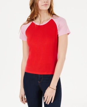 Camiseta de beisebol em malha canelada com blocos de cores Hippie Rose Juniors, vermelha/rosa, tamanho grande