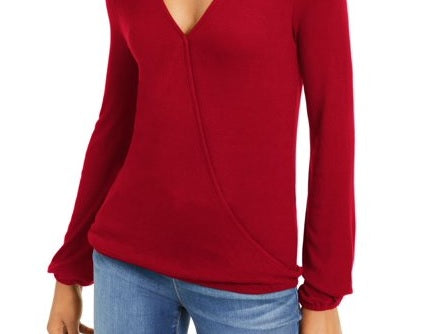 Blusa feminina de manga comprida com decote em V INC International Concepts, vermelha, tamanho pequeno