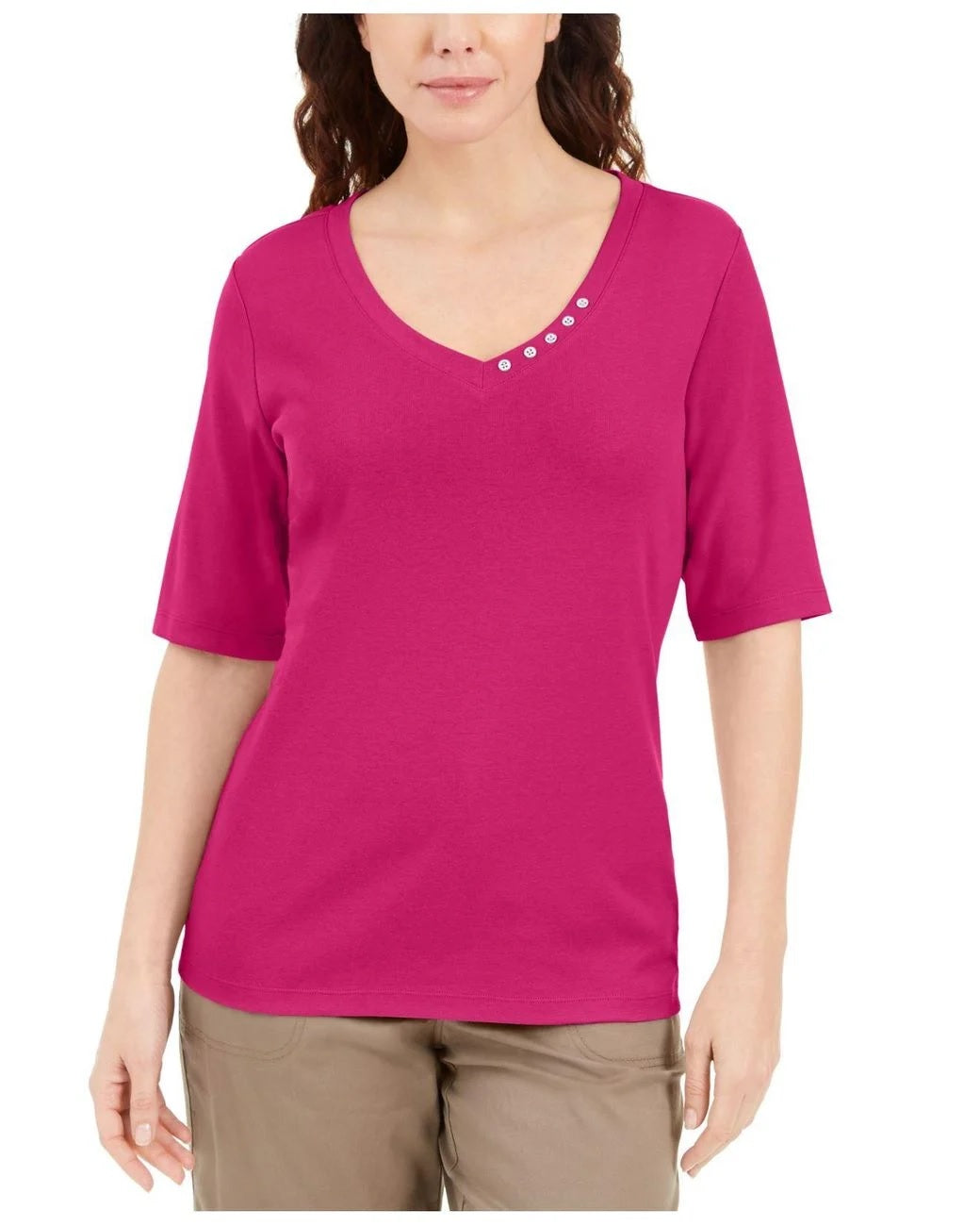 Blusa feminina Karen Scott com decote em V e detalhes em botões, rosa, tamanho médio