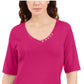 Blusa feminina Karen Scott com decote em V e detalhes em botões, rosa, tamanho médio