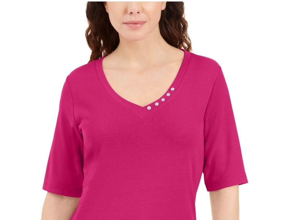 Blusa feminina Karen Scott com decote em V e detalhes em botões, rosa, tamanho médio